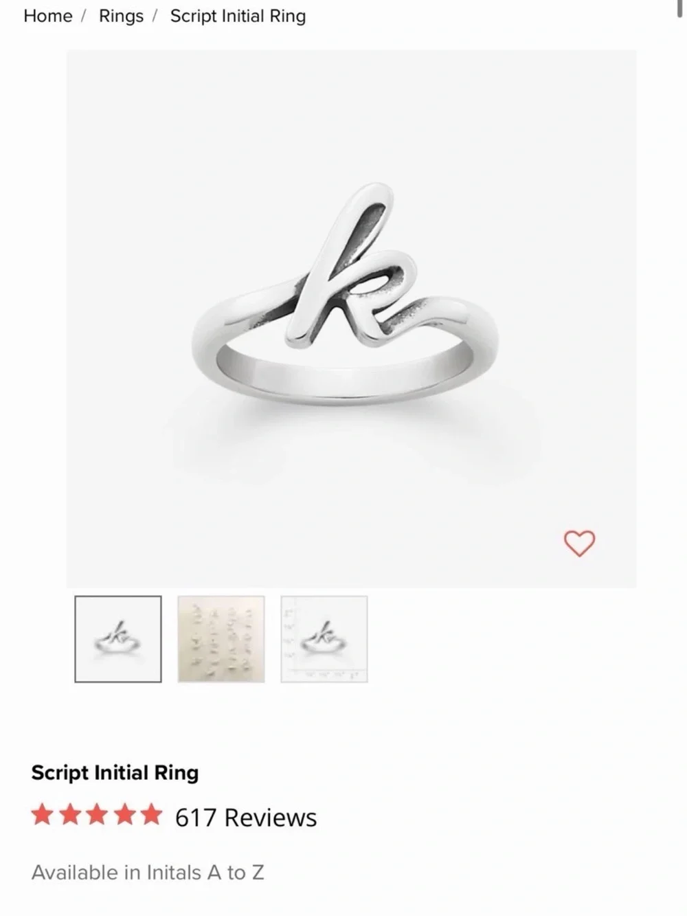 James Avery Script Initial K Ring
